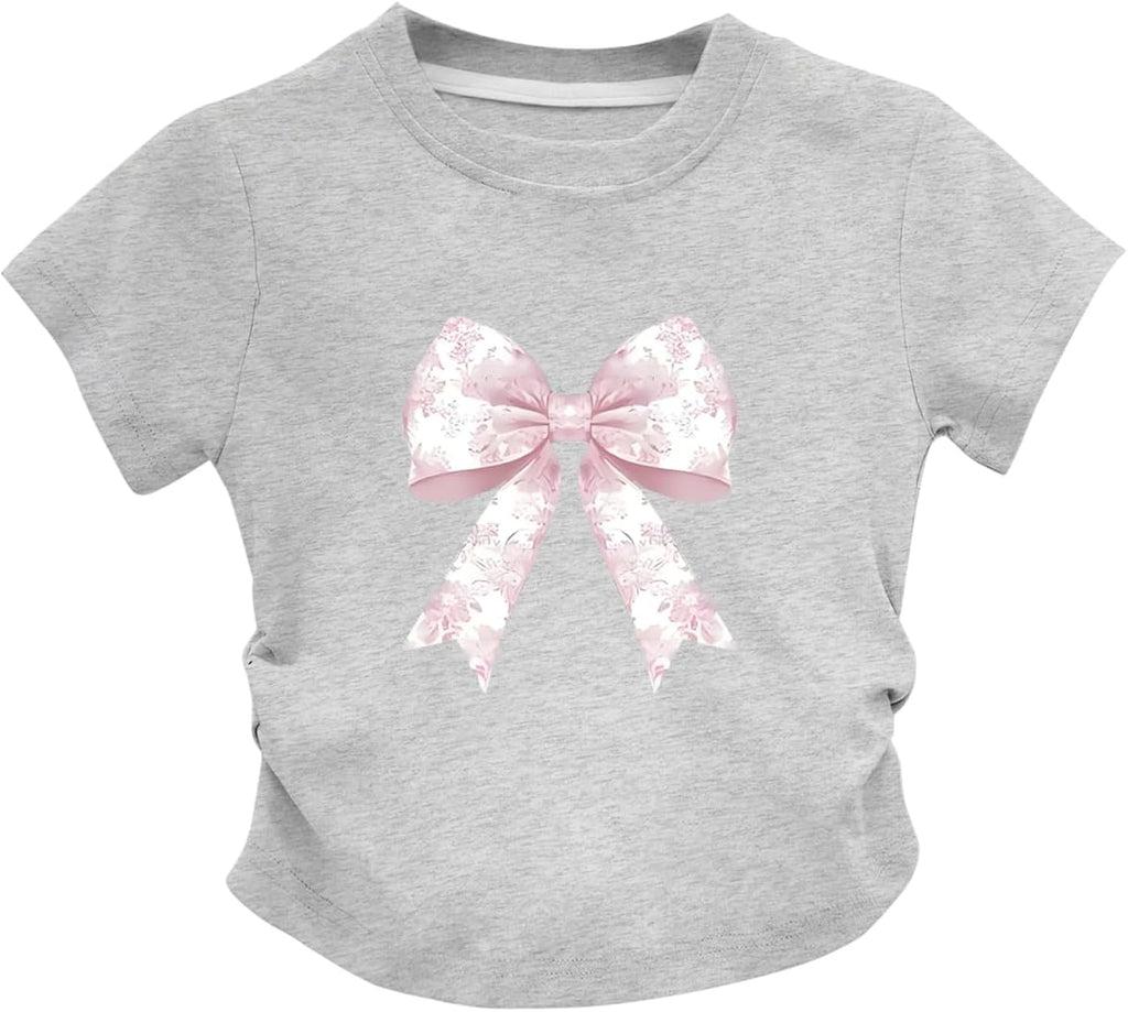 Cute Pink Bow Preppy Shirts for Girls Kids Aesthetic Graphic Tees Coquette T Shirt Summer Cotton Tops
