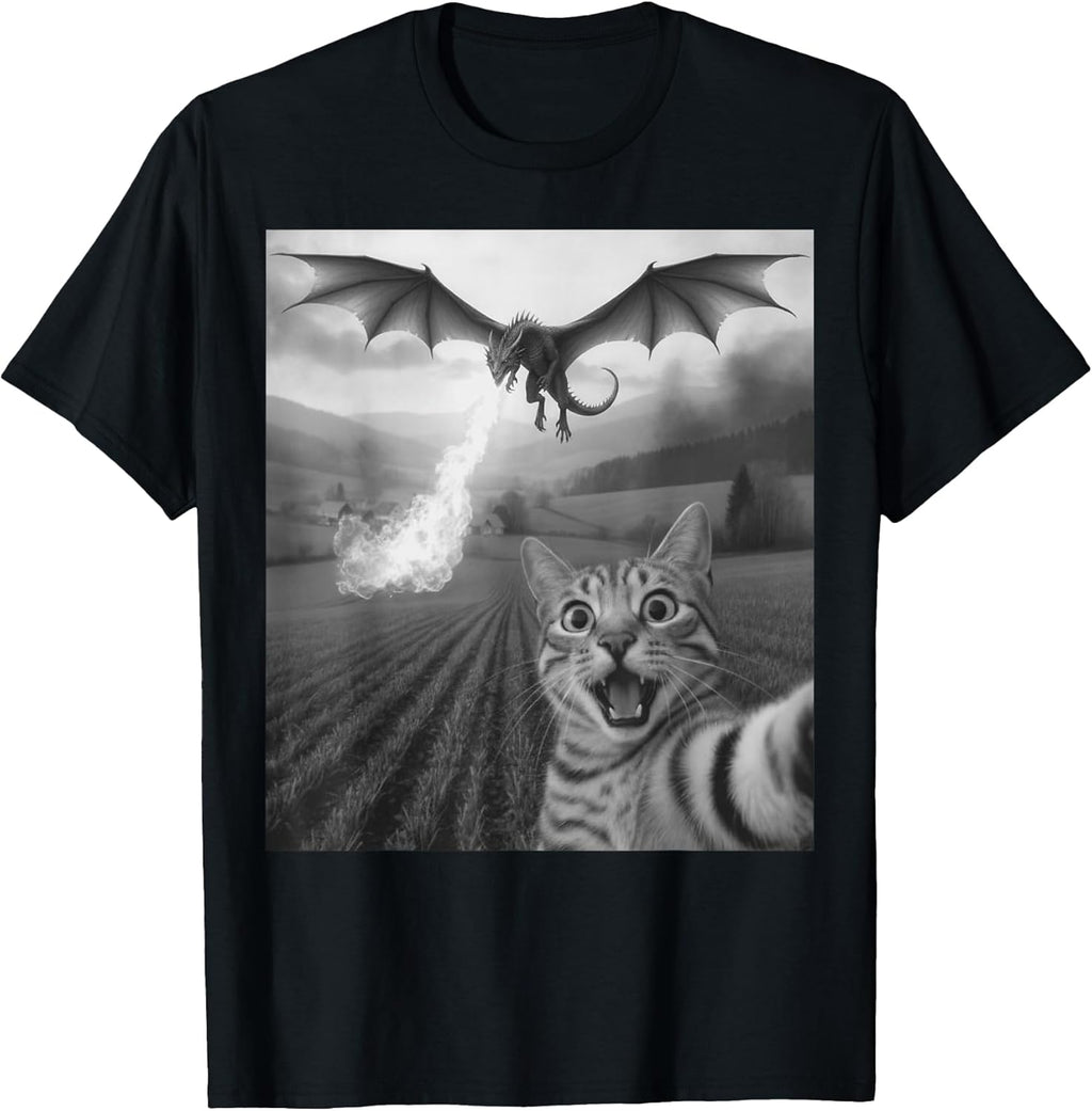 Funny Cat Selfie with Dragon Kawaii Fantasy Creature Art T-Shirt