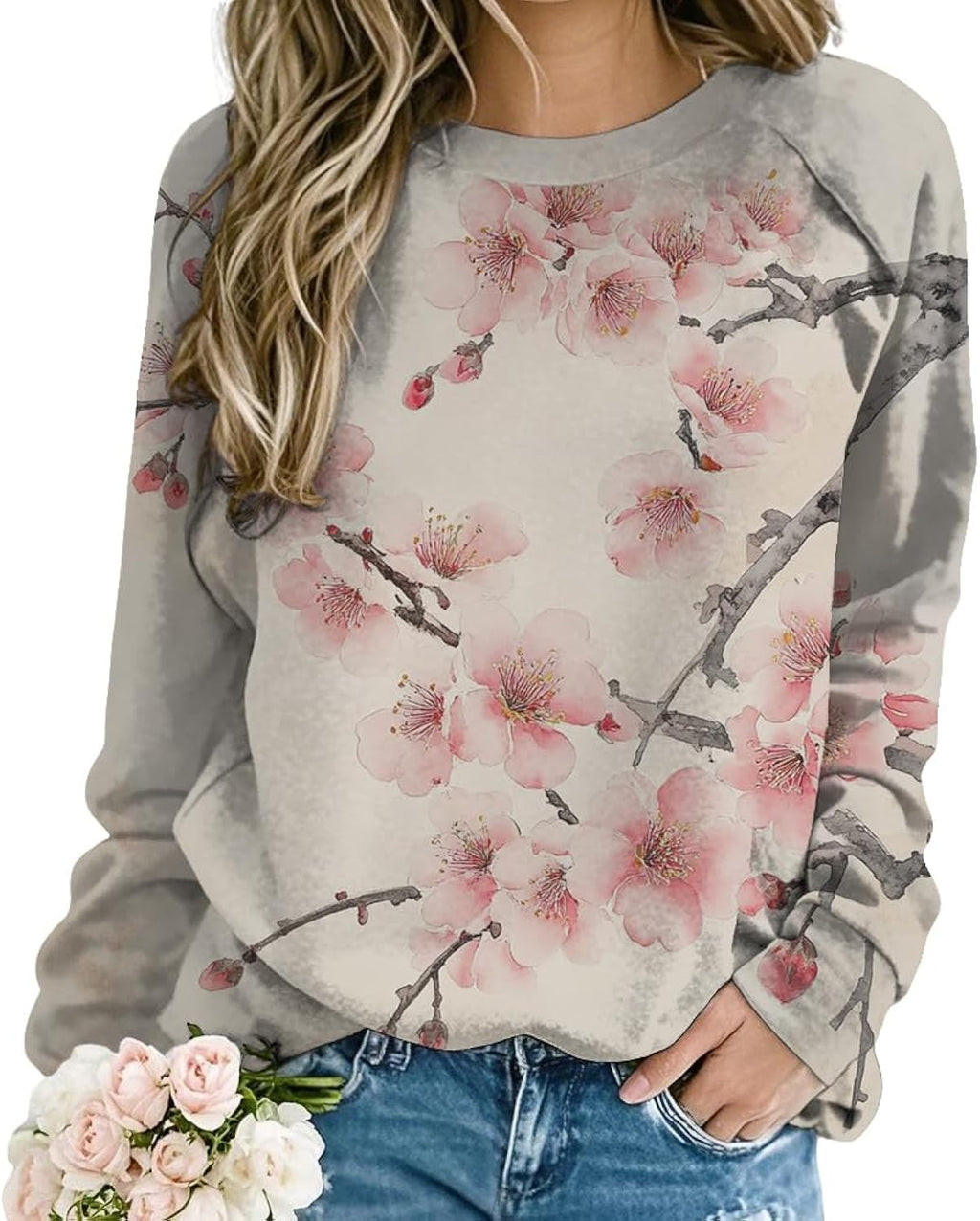 Womens Floral Print Crewneck Sweatshirt Japanese Art Long Sleeve Shirts Loose Casual Fall Graphic Sweatshirts for Women