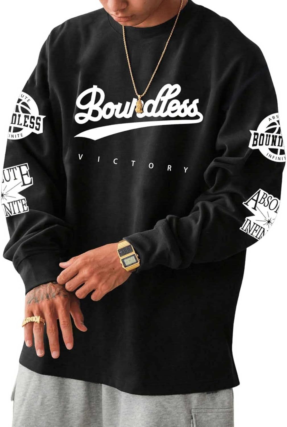 Men's Loose Fit Letter Graphic Drop Shoulder T-Shirt Oversized Casual Long Sleeve Trendy Tee Tops