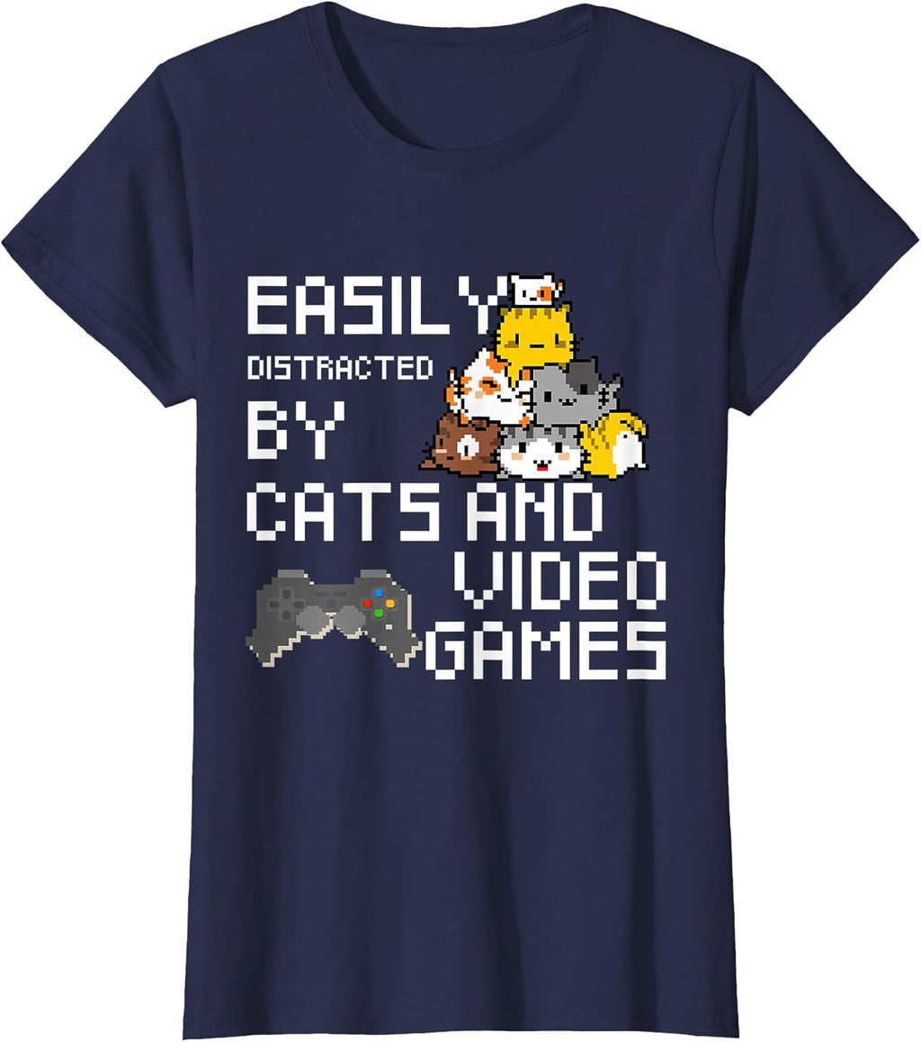 Easily Distracted by Cats and Video Games Pixel Art Cat Men Women T-Shirt