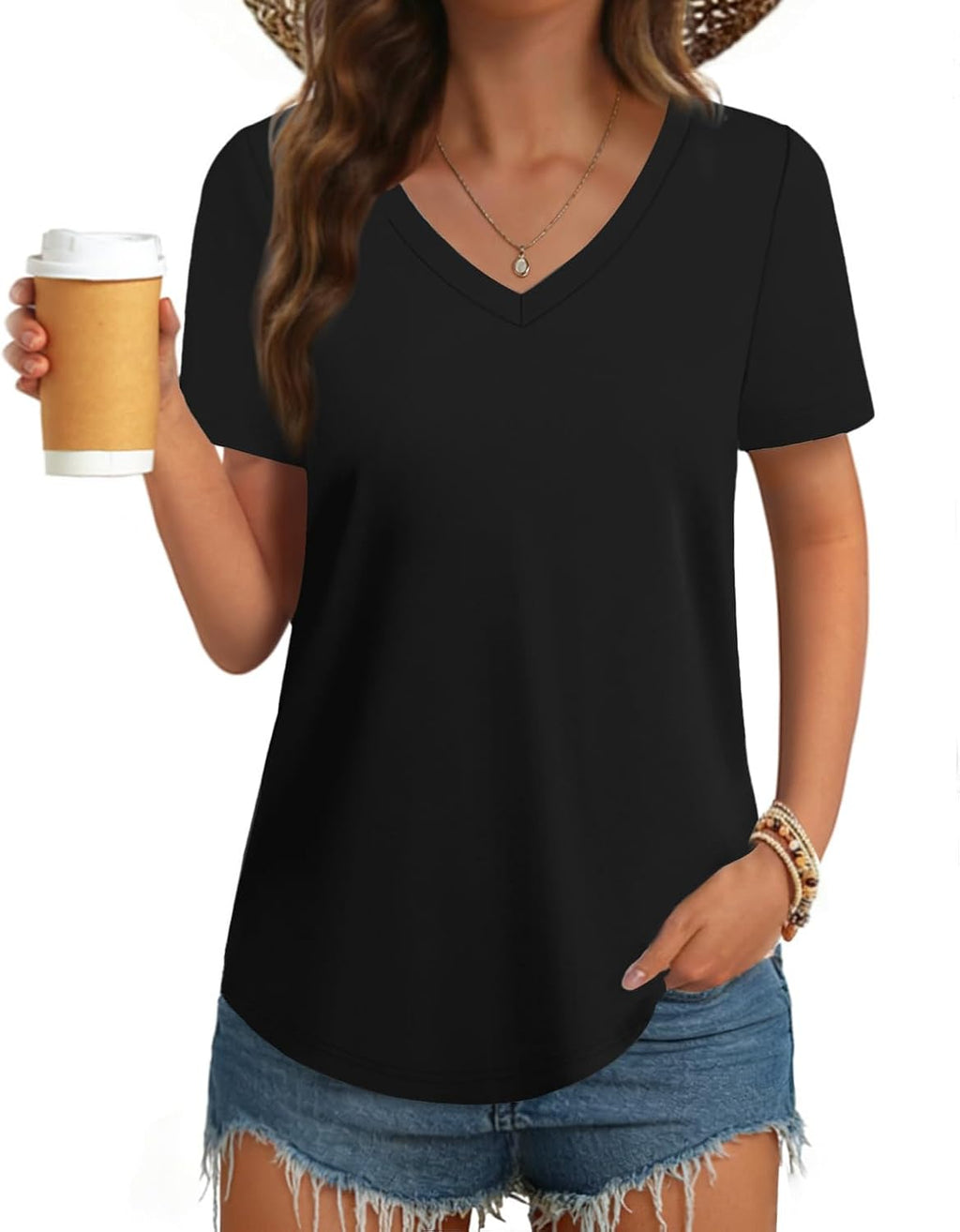 Womens T Shirts V Neck Short Sleeve Cotton Tops Summer Curved Hem Trendy Basic Tee Shirt S-XXL