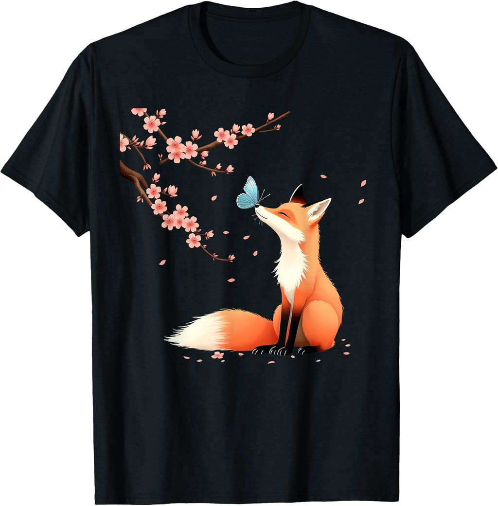 Fox Japanese Cherry Blossom Sakura Tree Kawaii Girls Women T-Shirt
