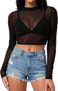 Women Mesh Crop Top Long Sleeve Cropped Workout Top Black Sheer Tops Slim Fit Outfits