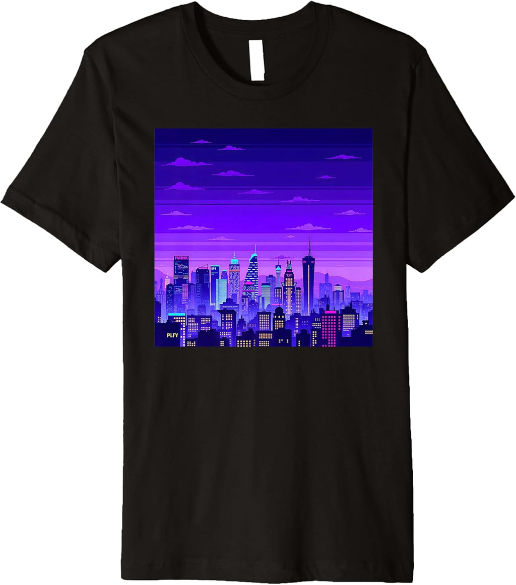 Retro City Aesthetic with Pixel Art Gaming Style Premium T-Shirt