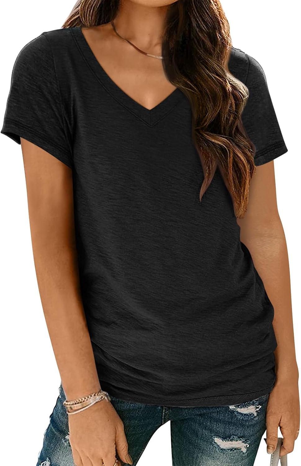 T-Shirts Short Sleeve V Neck Tees Tops for Women Fashion Trendy Lightweight Soft Casual Summer Outfits Clothes 2026