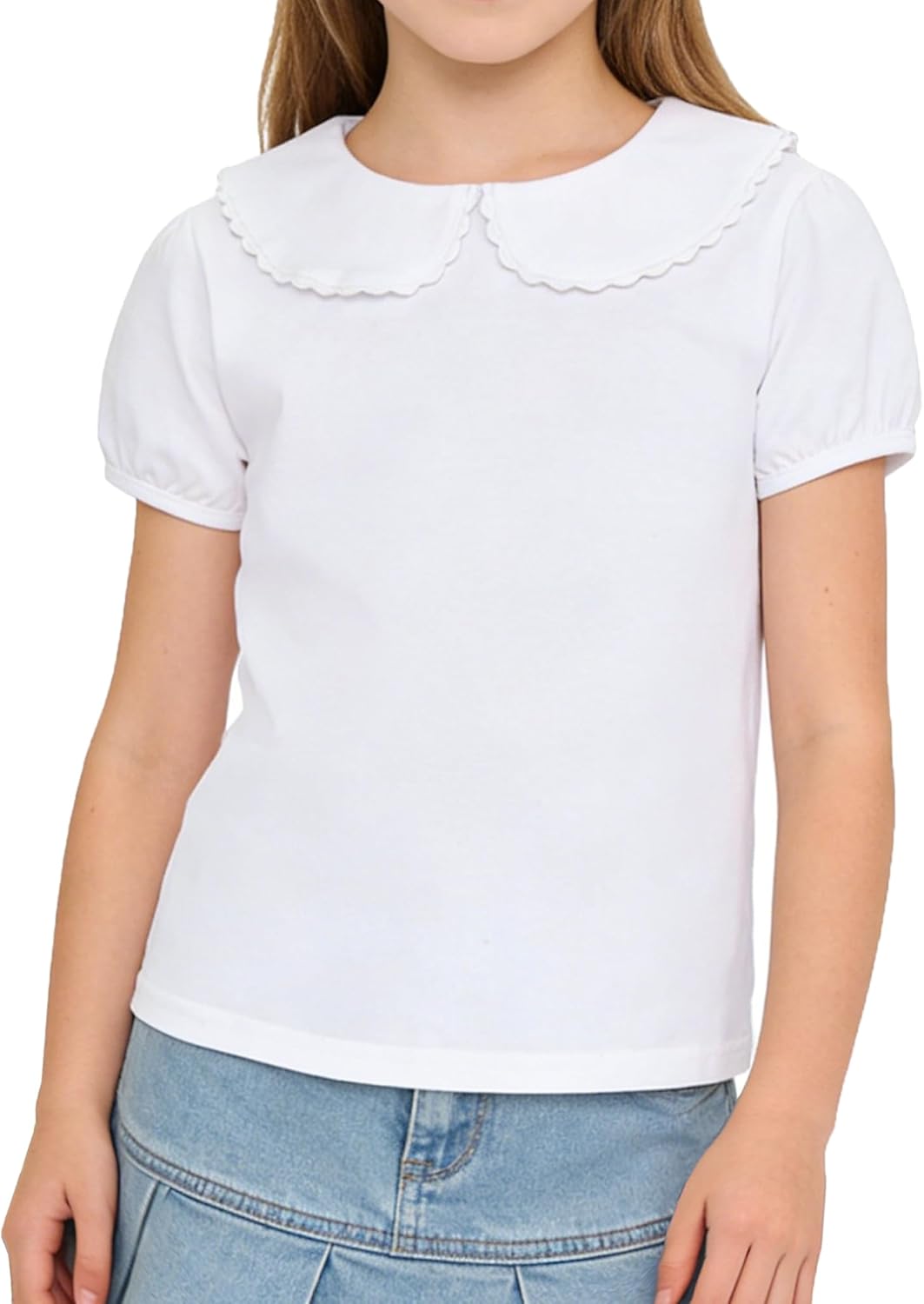 2-5T Toddler Girls Peter Pan Collar Shirt Puff Short Sleeve Basic Top Blouse Solid Color Tee