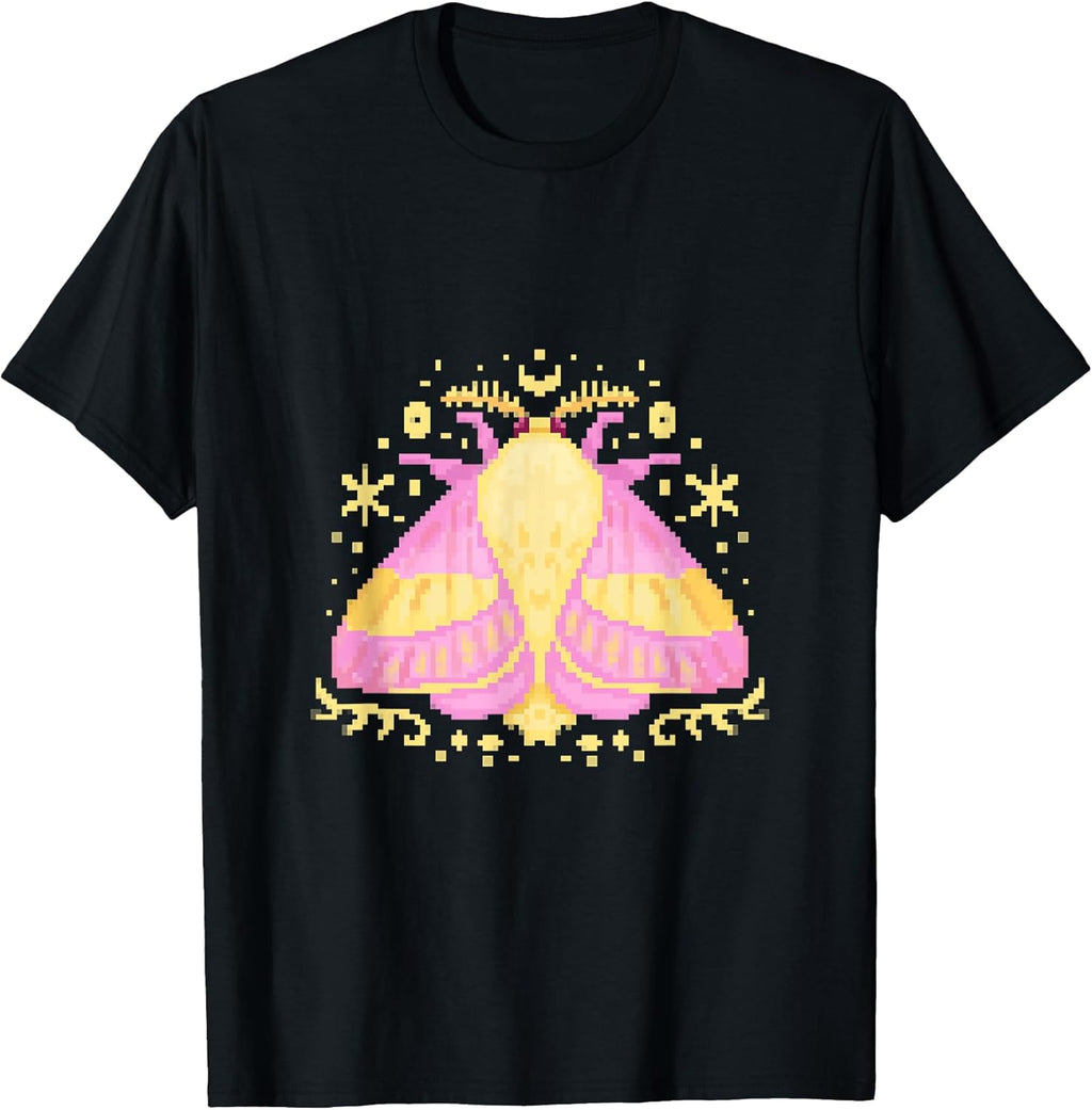 Rosy Pink Yellow Maple Moth Bug Butterfly PixelArt for Women T-Shirt