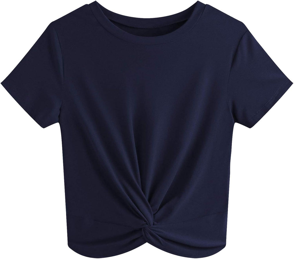 Women's Summer Causal Short Sleeve Blouse Round Neck Crop Tops Twist Front Tee T-Shirt