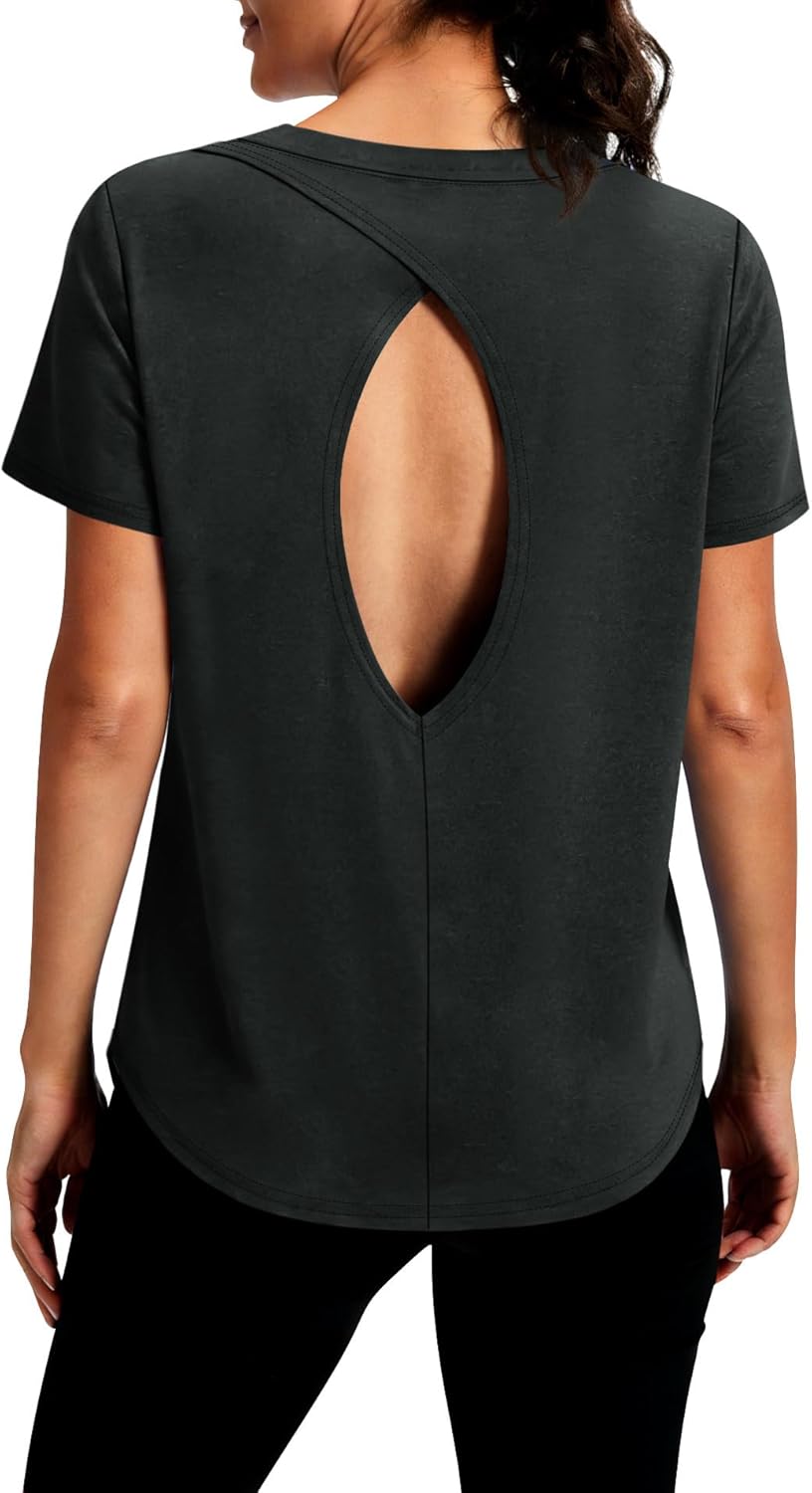 Open Back Workout Tops for Women Short Sleeve Yoga Pilates Outfits Athletic Gym Shirts Fitness Clothing Summer 2026