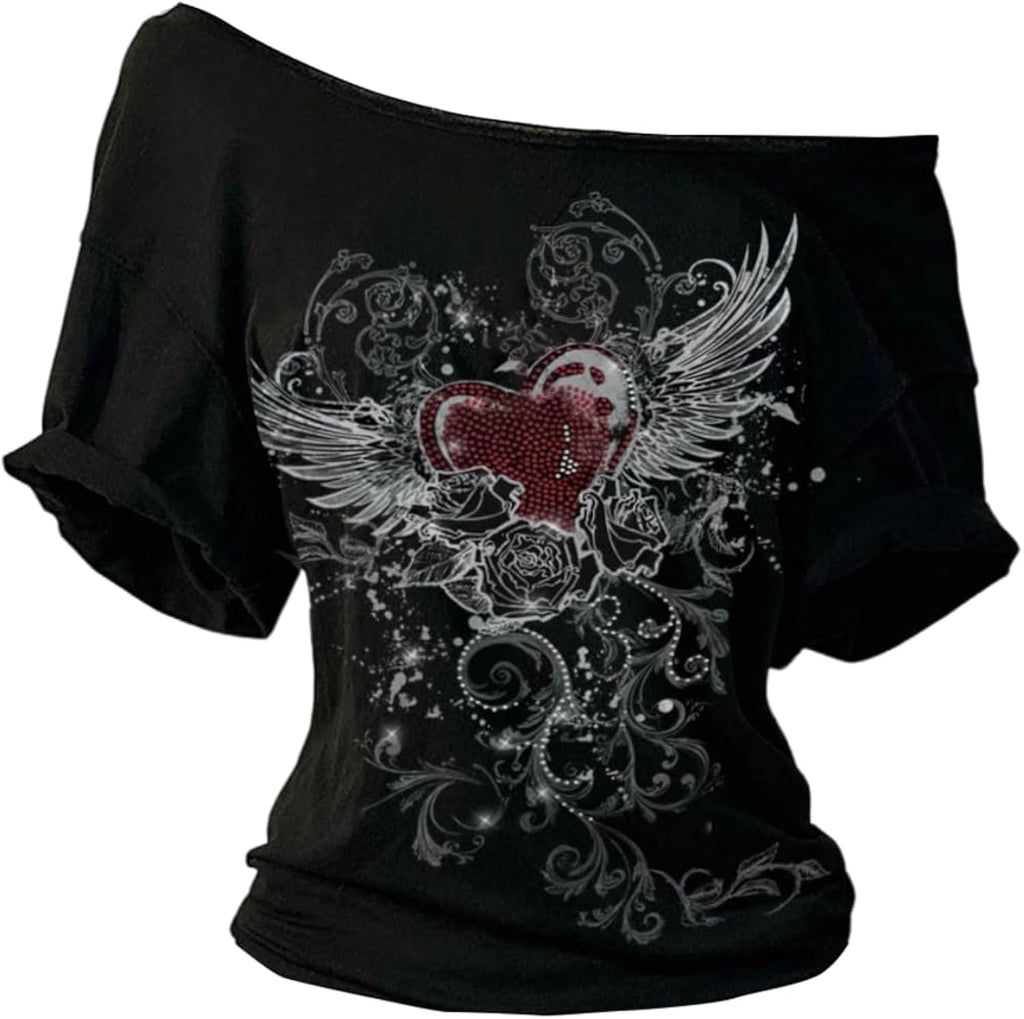 Women's Goth Graphic Tees Off The Shoulder T Shirt Short Sleeve Trendy Tops