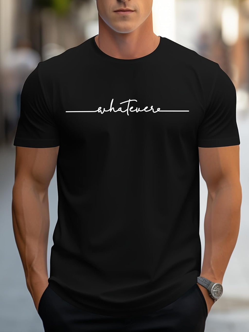 Men's English Art Print Crew Neck T-Shirt, Minimalist Handwritten Lettering Short Sleeve Casual Top Sophisticated Lazy Style