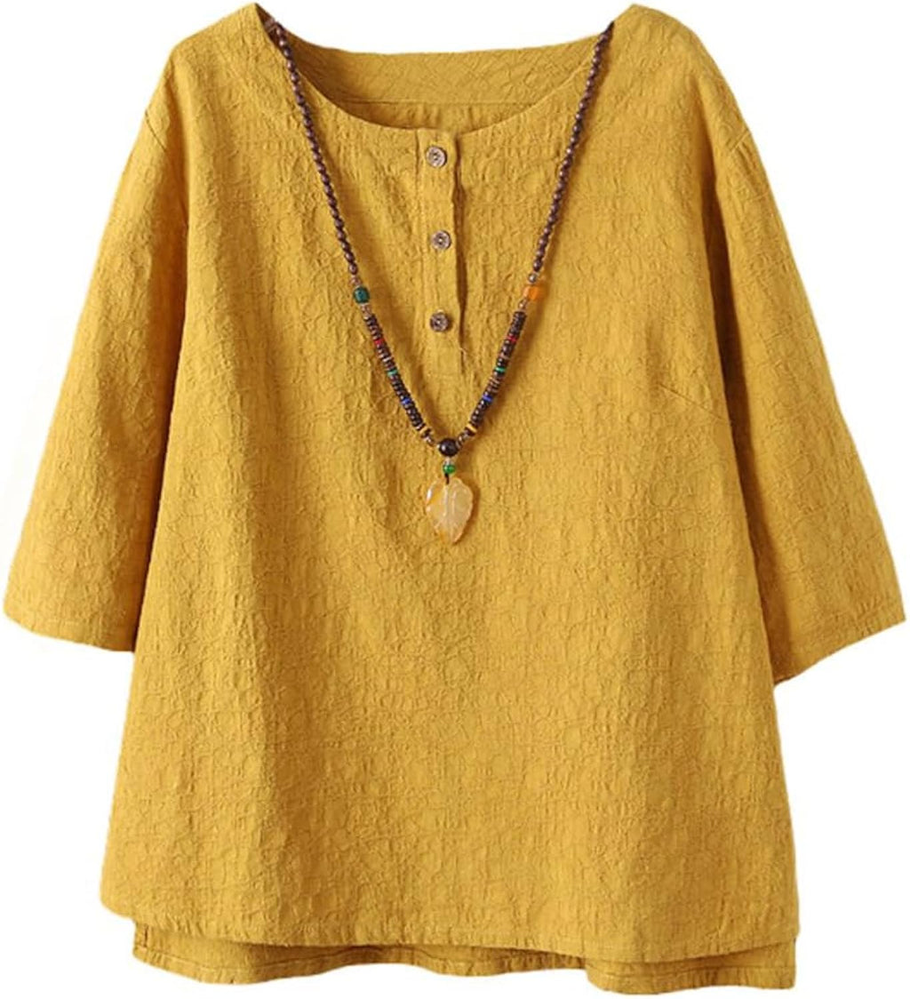 Women's 3/4 Sleeve Cotton Linen Jacquard Blouses Top T-Shirt