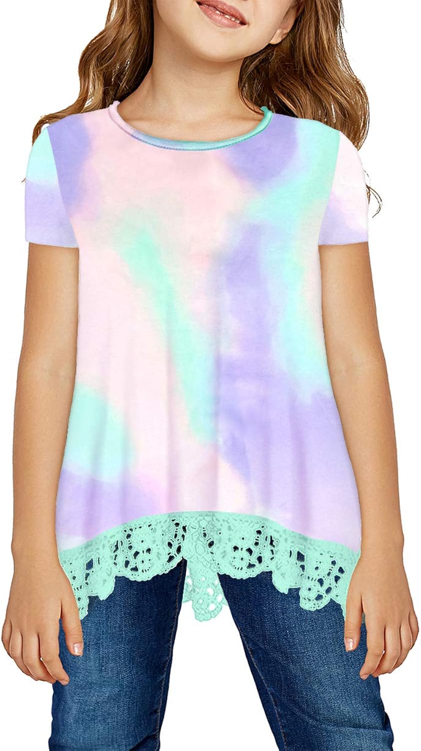Girls Casual Tunic Tops Short Sleeve Loose Soft Blouse T-Shirt for 4-13 Years