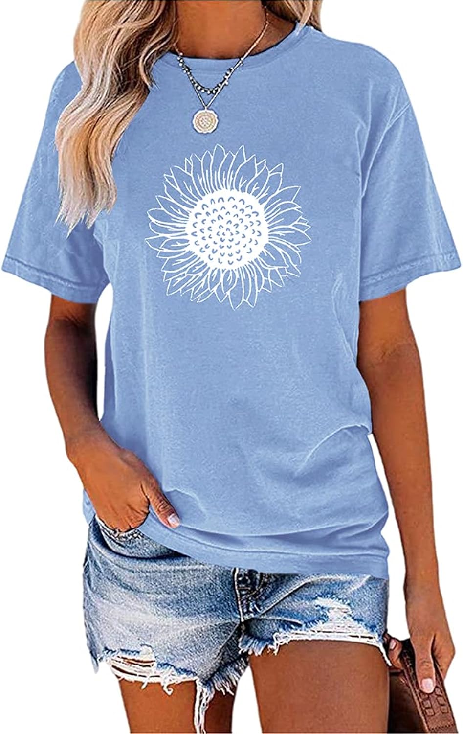 Womens Cute Sunflower Graphic Printed Tee Shirts Vintage Short Sleeve Cotton Shirts Tops