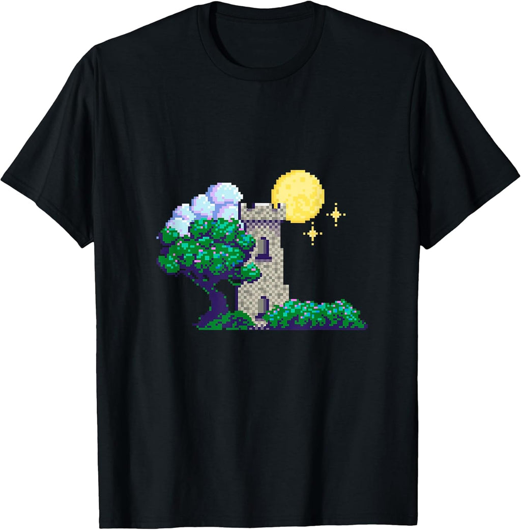 Pixel Medieval Art, Retro Fantasy Moon Landscape 8-Bit Style T-Shirt