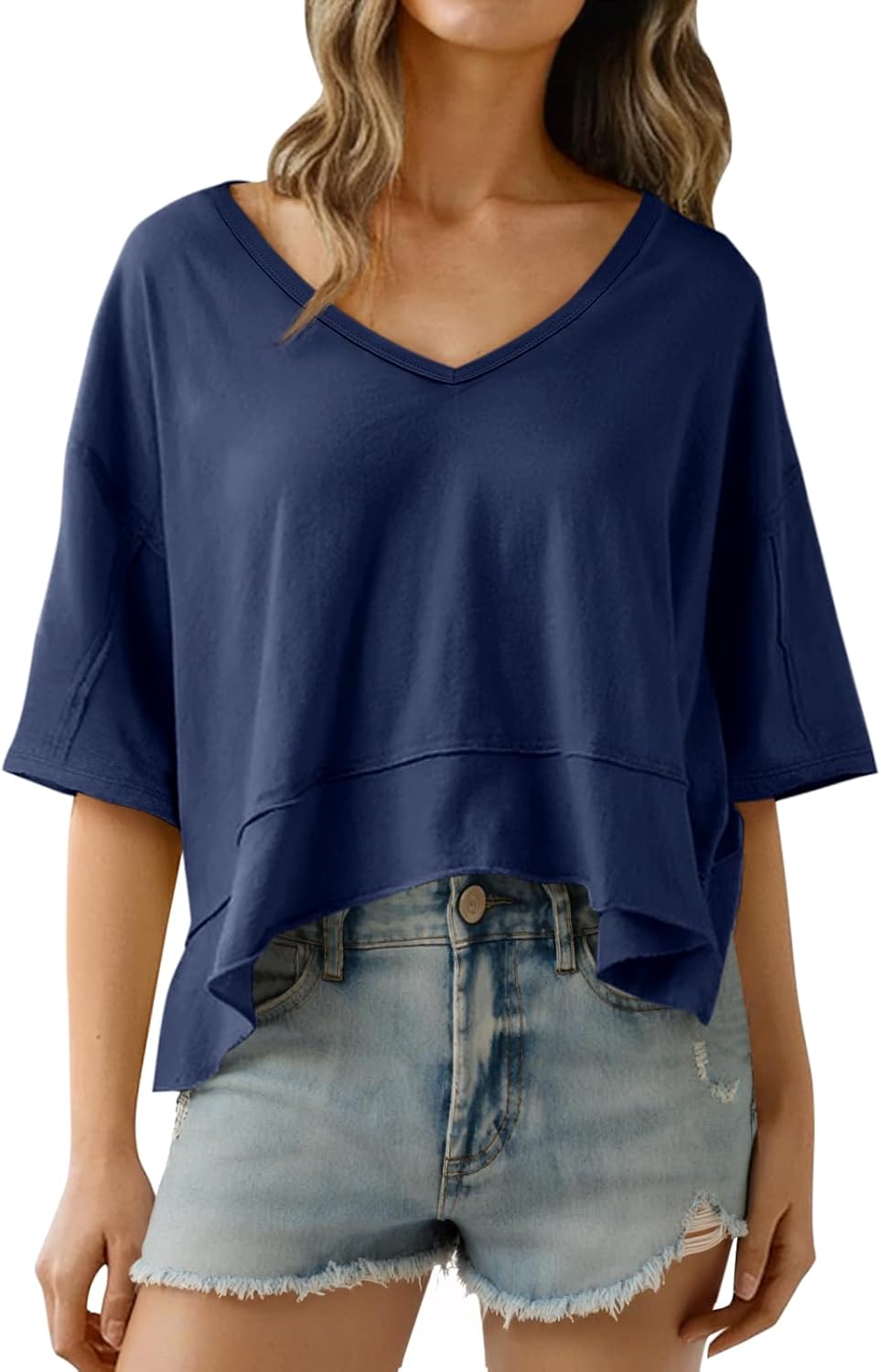 Womens Oversized Crop T-Shirts Summer V Neck Short Sleeve Tops Casual Loose Fit Curved Hem Boxy Tee Shirt