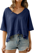 Womens Oversized Crop T-Shirts Summer V Neck Short Sleeve Tops Casual Loose Fit Curved Hem Boxy Tee Shirt