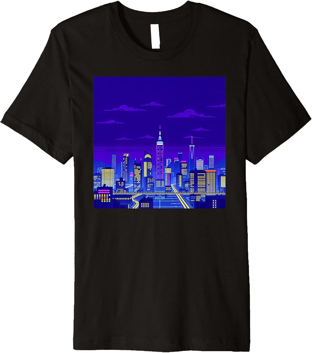 Vaporwave Cityscape in Pixel Art Retro Style Premium T-Shirt