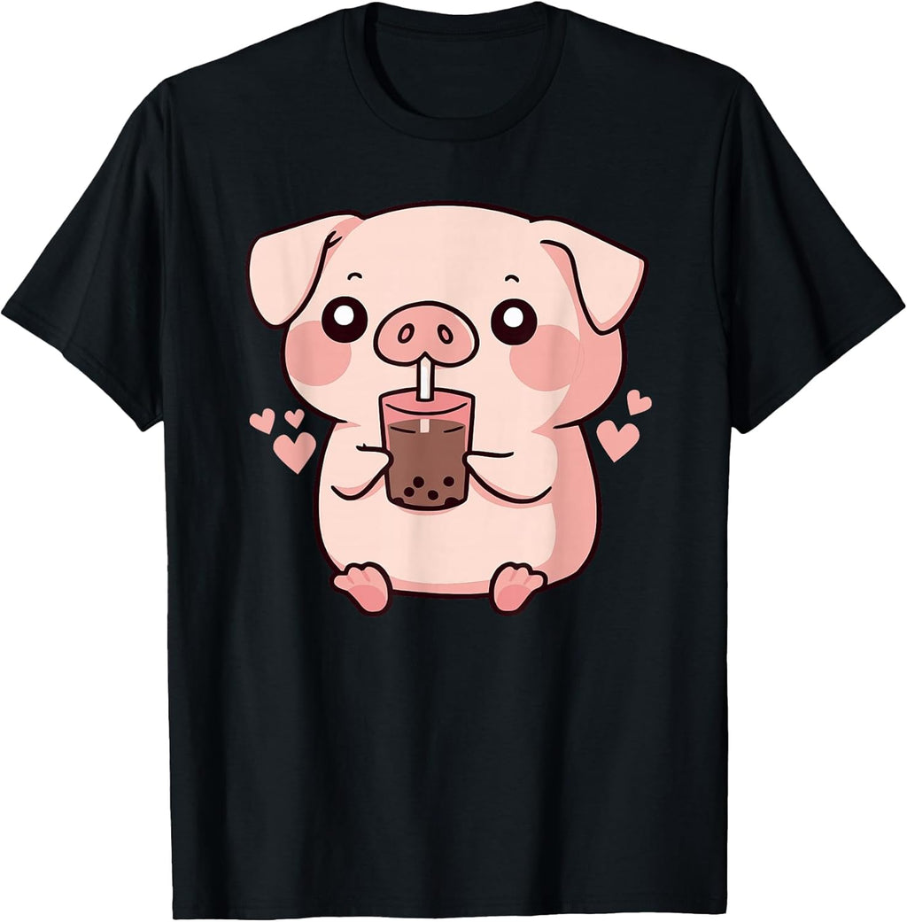 Cute Kawaii Cartoon Pig Drinking Bubble Tea T-Shirt