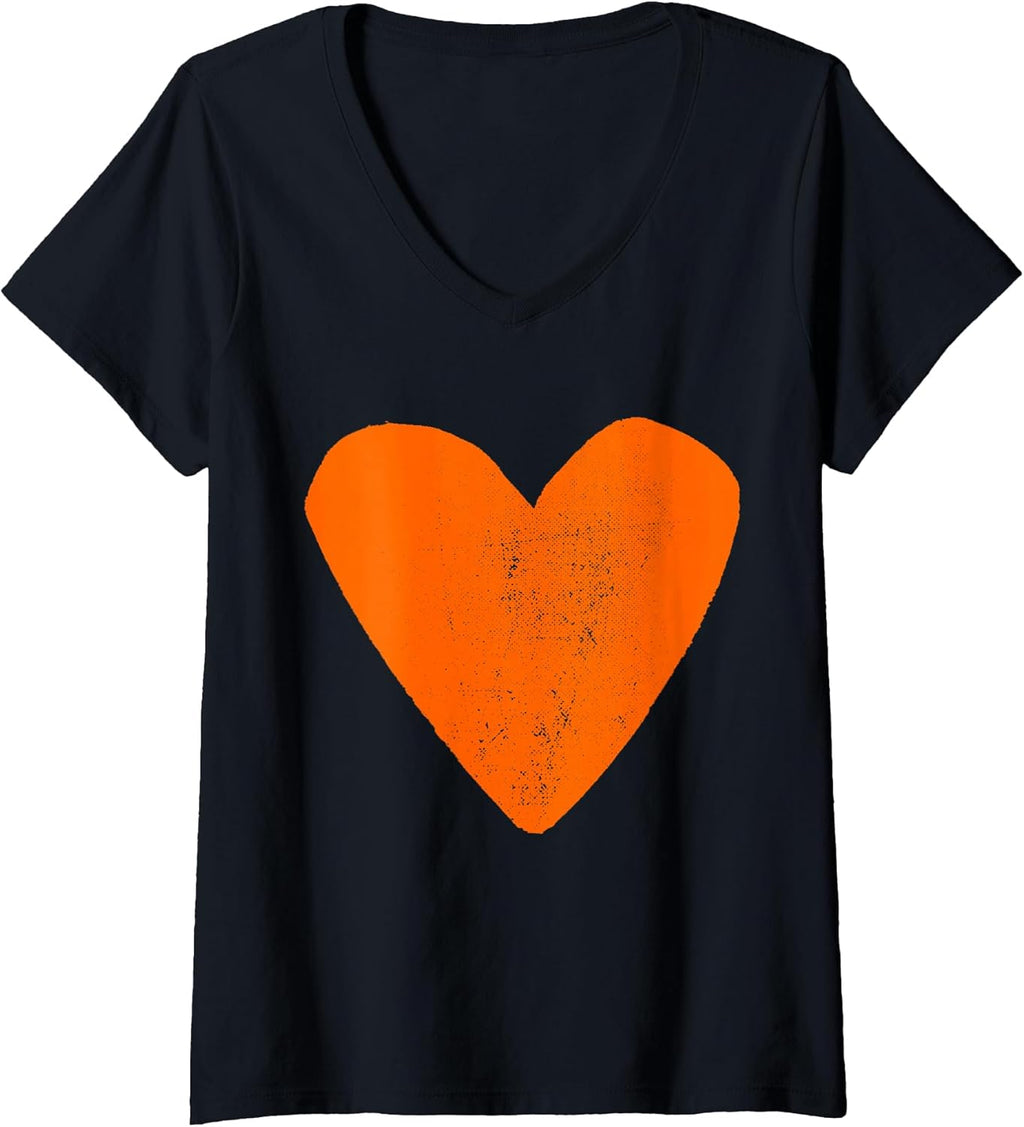 Women's Pop Art Style Heart Design Orange Color V-Neck T-Shirt