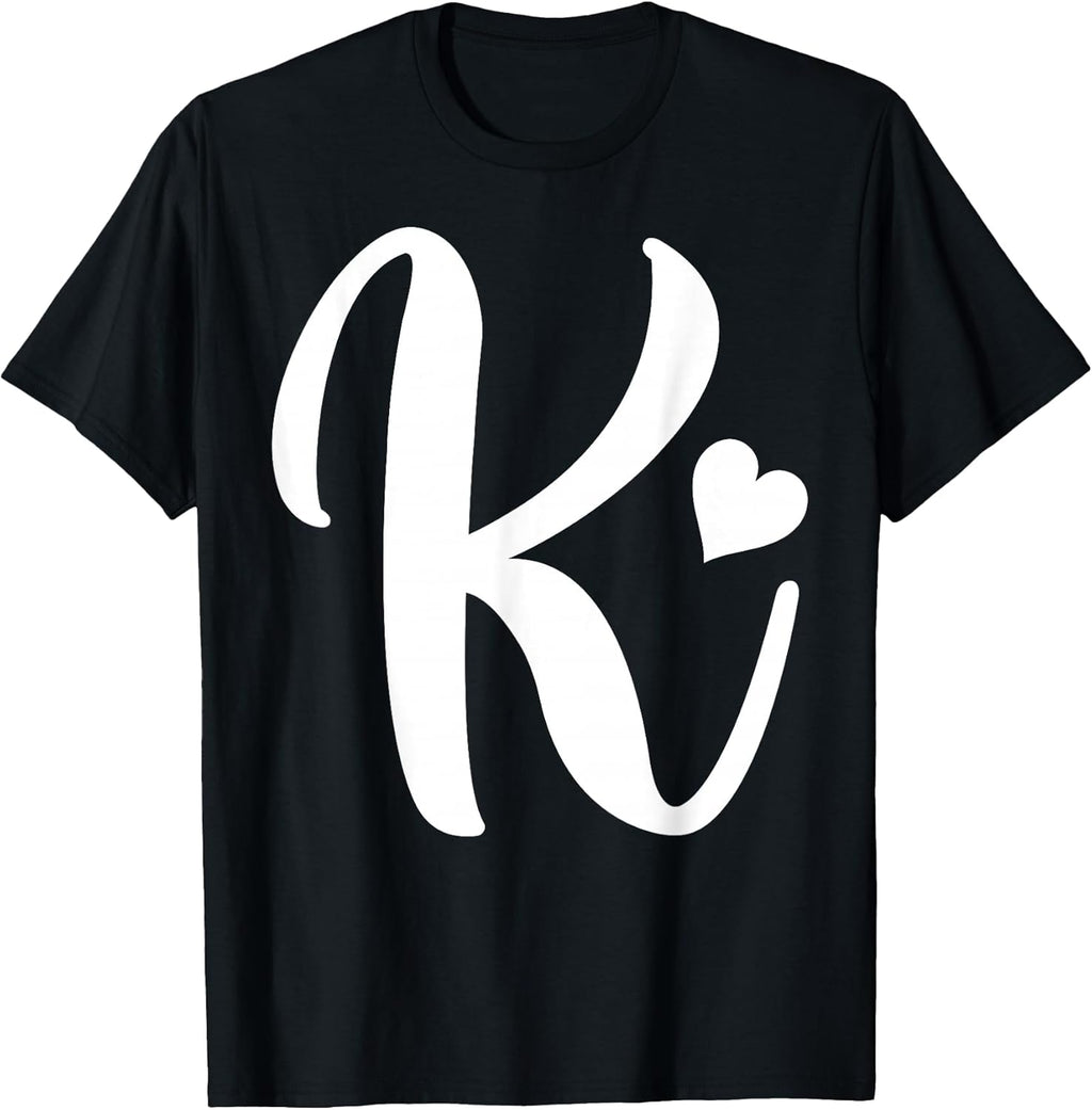 White Letter K Monogram Initials Minimalist Heart Graphic T-Shirt