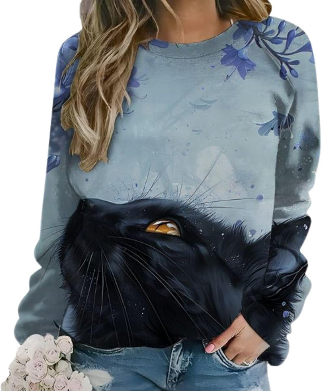 Womens Cat Art Print Sweatshirt Long Sleeve Crewneck Pullover Loose Fit Botanical Pattern for Cat Lovers