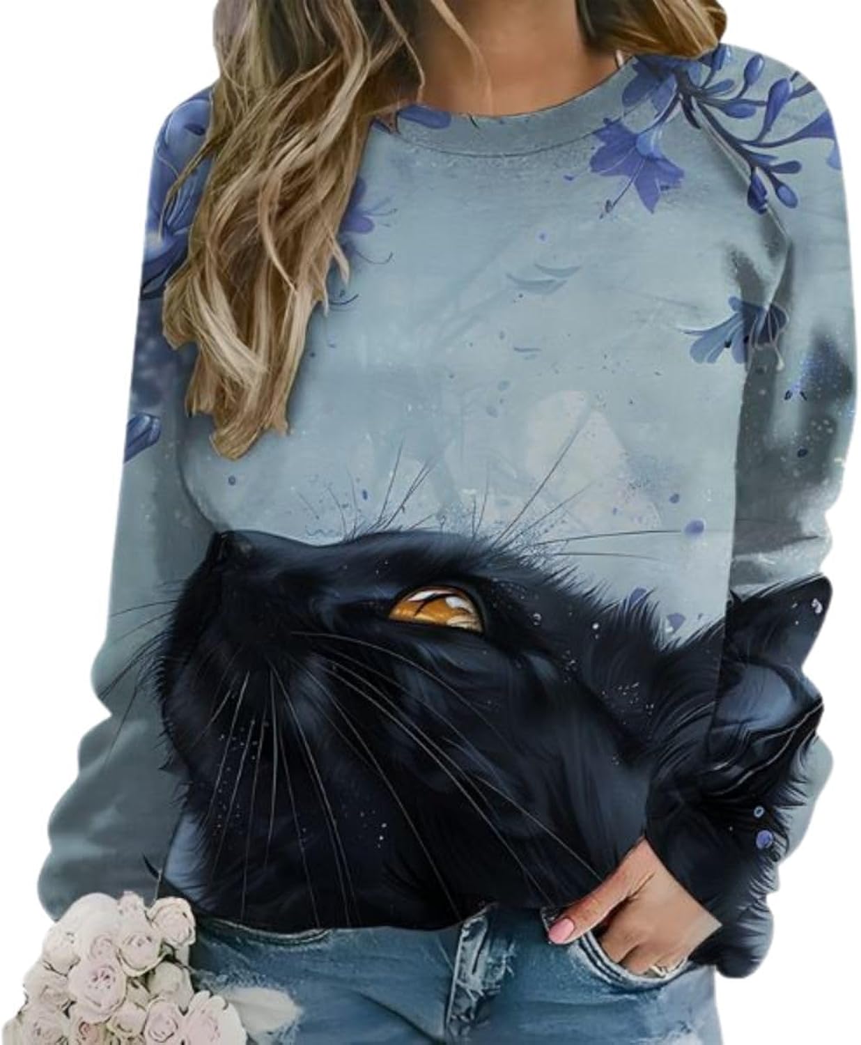 Womens Cat Art Print Sweatshirt Long Sleeve Crewneck Pullover Loose Fit Botanical Pattern for Cat Lovers