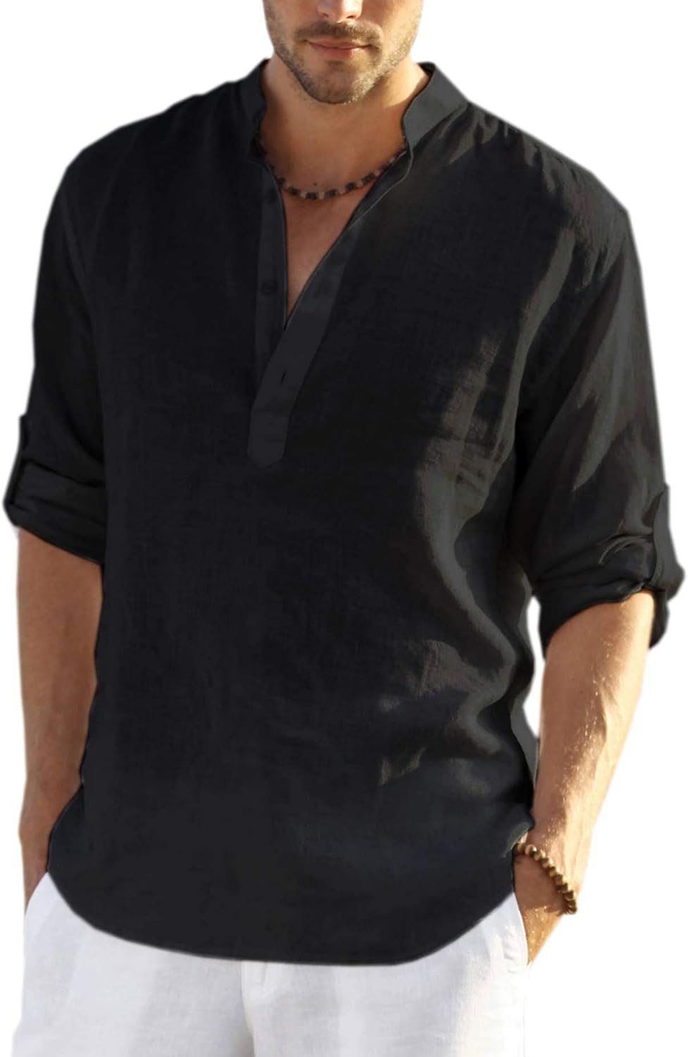 Men's Cotton Linen Henley T-Shirts Long Sleeve Hippie Casual Beach Fashion T-Shirts