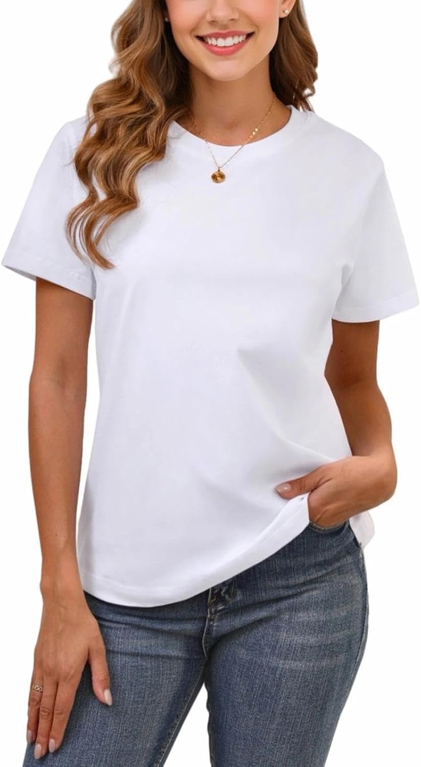 100% Cotton Basic T Shirts for Women Crew Neck Short Sleeve Summer Solid Loose Fit Plain Workout Tops, Undershirts