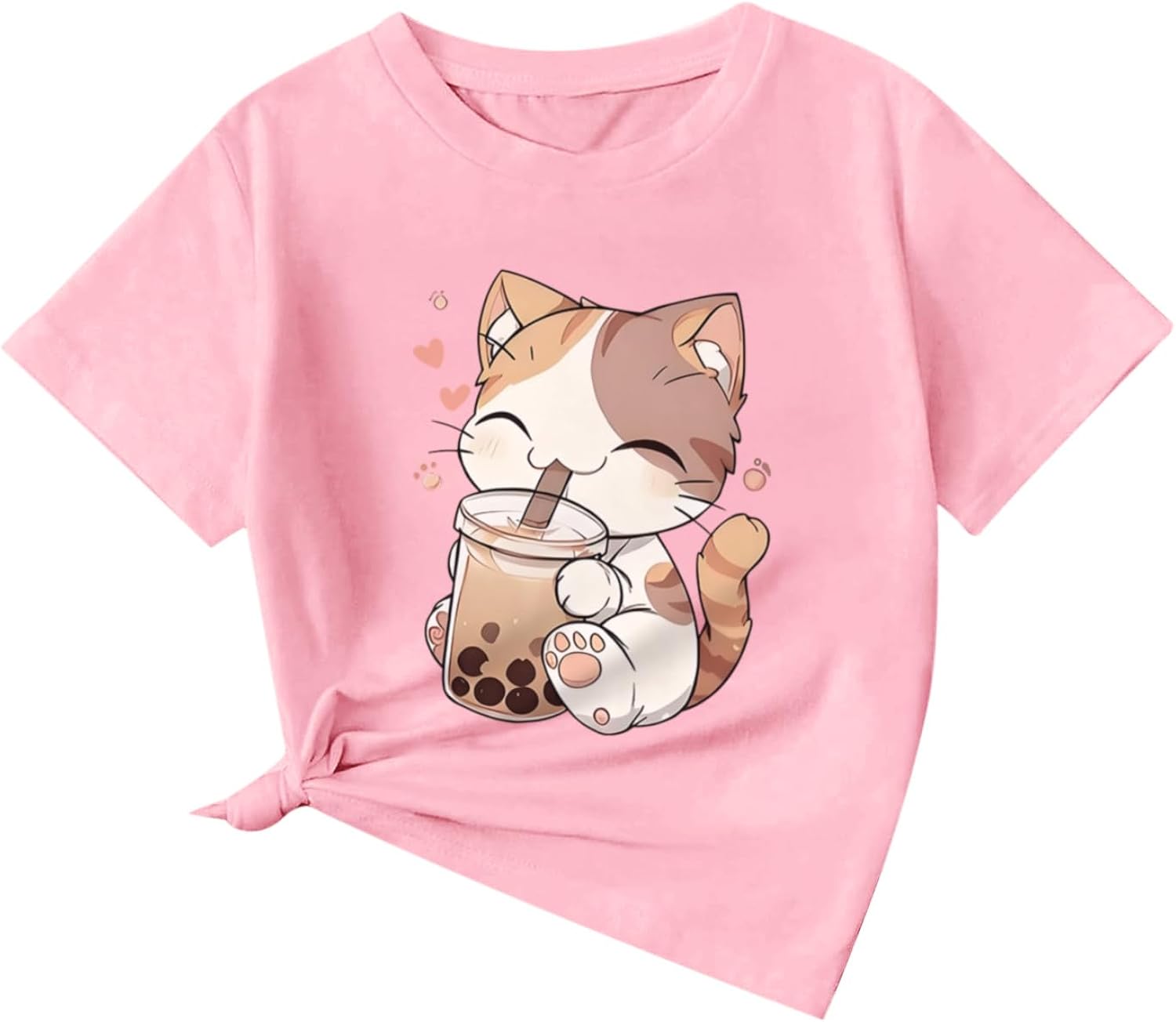 Cute Cat Shirts for Girls Graphic Tees Bubble Tea Tshirt Kids Kawaii Cartoon Animal Print T Shirt Summer Cotton Tops