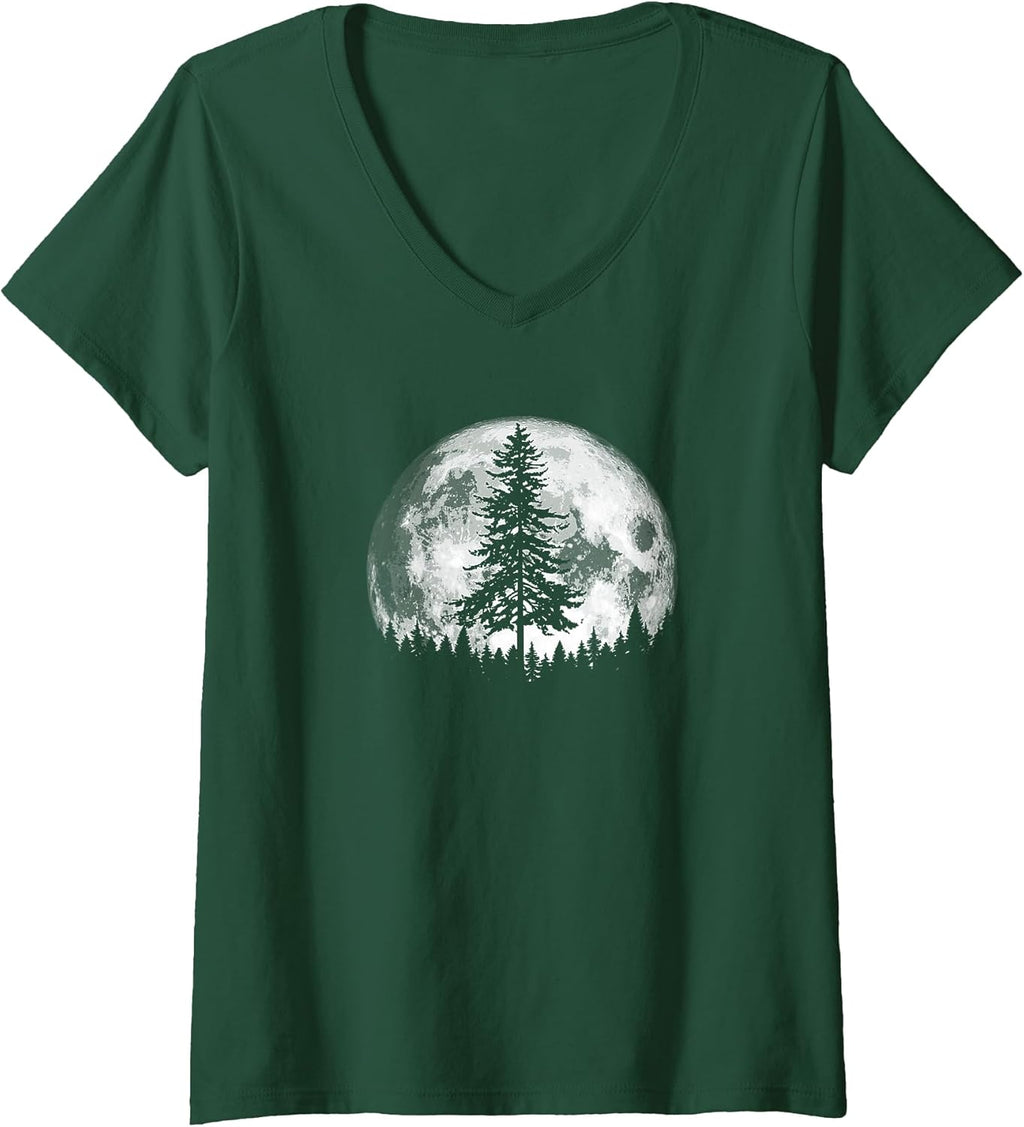Womens Retro Full Moon & Minimalist Pine Tree Vintage Graphic V-Neck T-Shirt