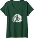 Womens Retro Full Moon & Minimalist Pine Tree Vintage Graphic V-Neck T-Shirt