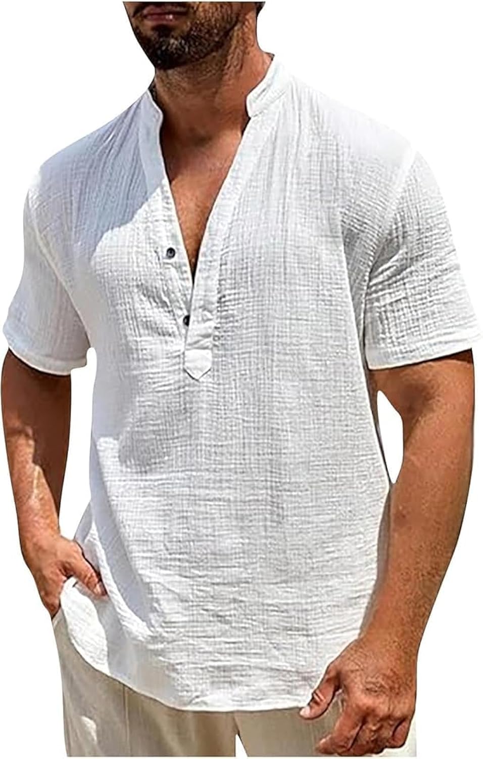 Linen Shirts for Men Casual Henley Shirt Beach Casual Short Sleeve T-Shirt Hippie Fashion Linen Blouse
