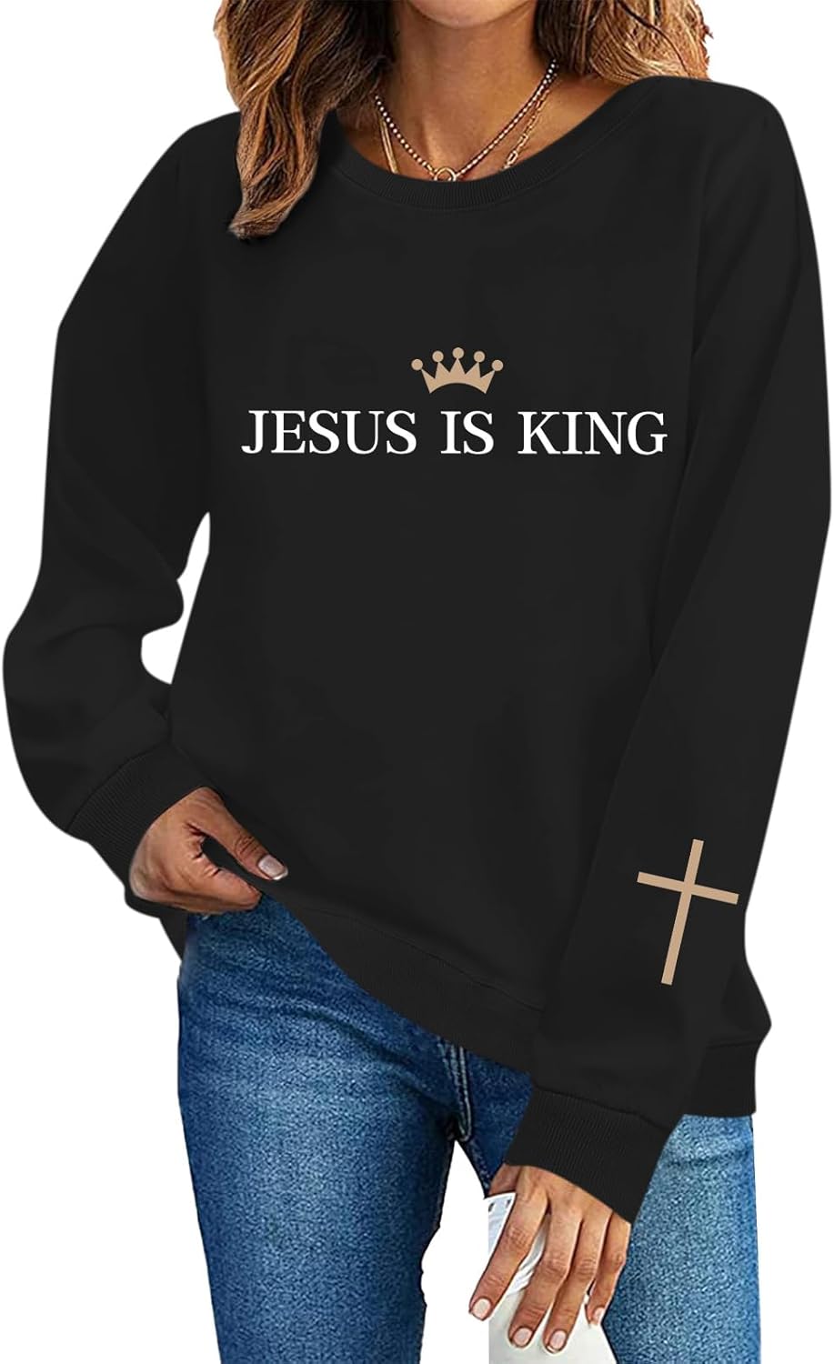 Jesus Is King Sweatshirt for Women Christian Cross Faith Hoodie God Religious Bible Verse Graphic Long Sleeve Shirt