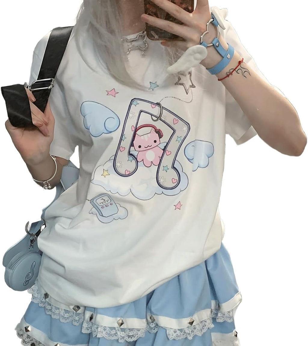 Harajuku Style Pastel Kawaii Gothic Clothes Casual Crewneck Soft Cartoon Cute Cat Music Angel Print T-Shirt