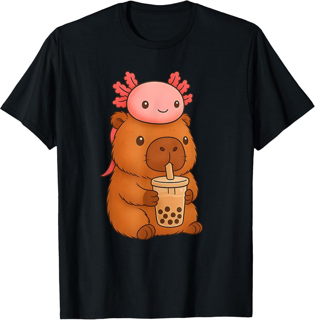 Cute Kawaii Bubble Tea Axolotl Capybara T-Shirt