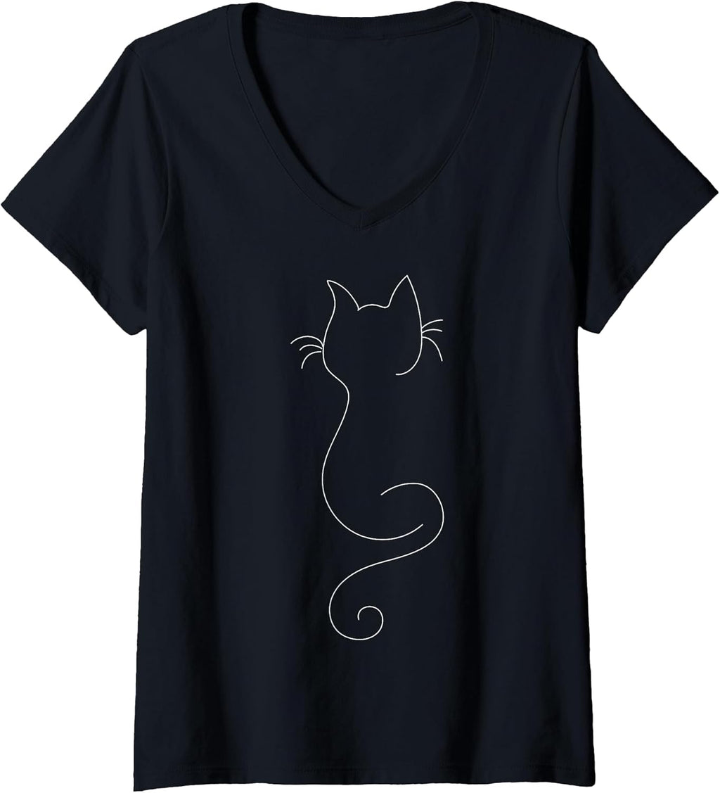 Women's Hand Drawn One Line Art Cat V-Neck T-Shirt