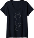 Women's Hand Drawn One Line Art Cat V-Neck T-Shirt