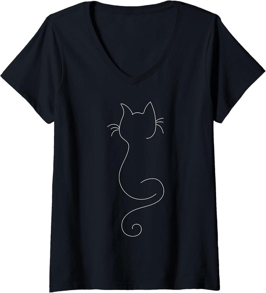 Women's Hand Drawn One Line Art Cat V-Neck T-Shirt