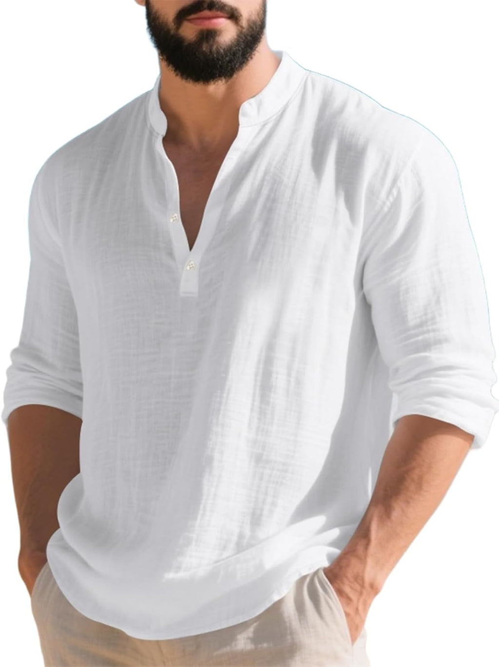 Mens Linen Henley Shirts Casual Long Sleeve Hippie Yoga Tops Lightweight Summer Beach T-Shirt