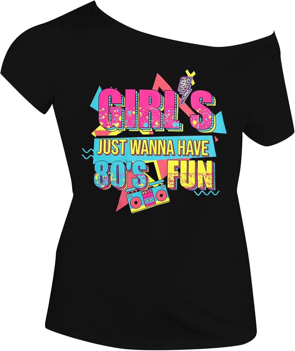 90s 80s Outfit for Women 80's Theme Party Disco Shirt Off The Shoulder Tops Vintage 90s Neon Off Shoulder Top