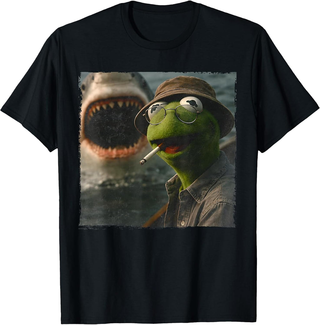 Funny Smoking Frog Meme Vintage Shark Attack Parody Tee T-Shirt