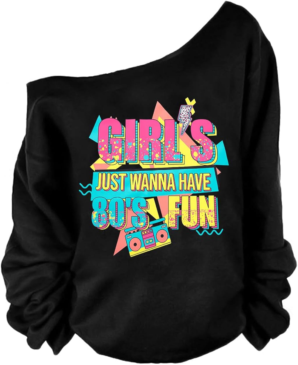 80s 90s Outfits for Women 80's Theme Party Long Sleeve Shirt 90s Off the Shoulder Sweatshirt Retro Neon Disco Pullover
