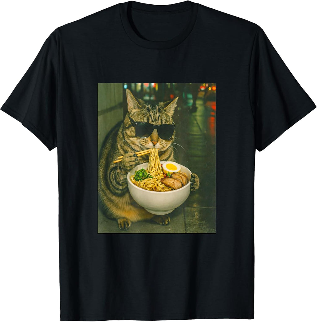 Cat Eating Ramen Noodles Meme Retro Urban T-Shirt