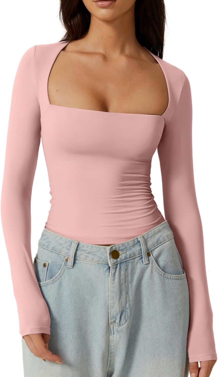 Women's Sexy Square Neck Shirt Long Sleeve Double Lined Tees Fitted Going Out Tops