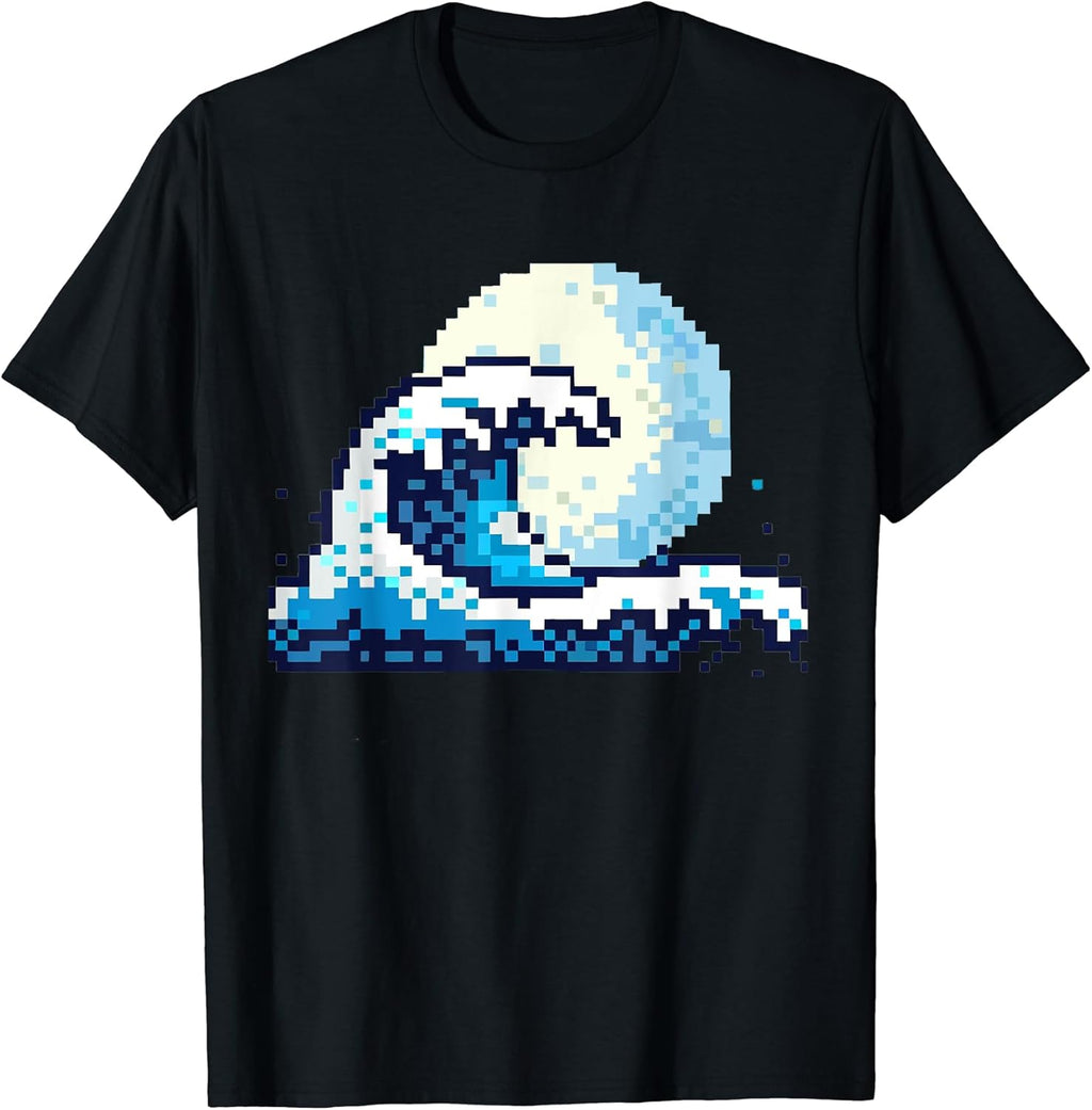 The Great Kanagawa Wave Pixel Art Retro Full Moon Japan T-Shirt