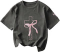 Girl's Graphic Tees Bow Print Short Sleeve Crewneck T Shirt Drop Shoulder Casual Summer Tops