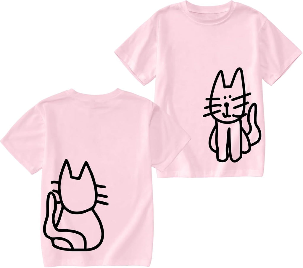 Cute Cat Shirts for Girls Graphic Tees Kids Kawaii Cartoon Animal Print T Shirt Casual Cotton Crewneck Summer Tops