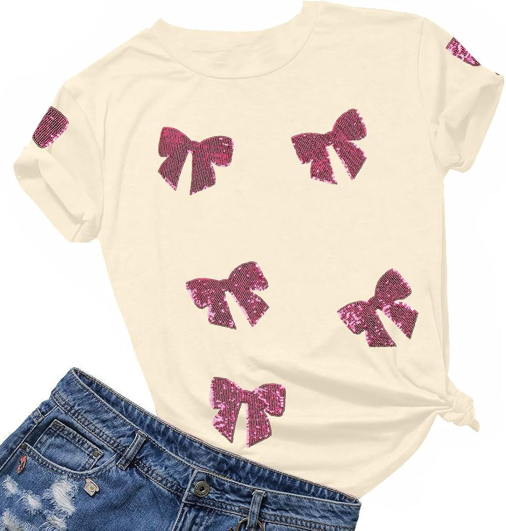 Womens Bow Shirt Coquette Aesthetic Shirts Cute Sequin Graphic Tees Trendy Pink Bow Ribbon Short Sleeve Tee Tops